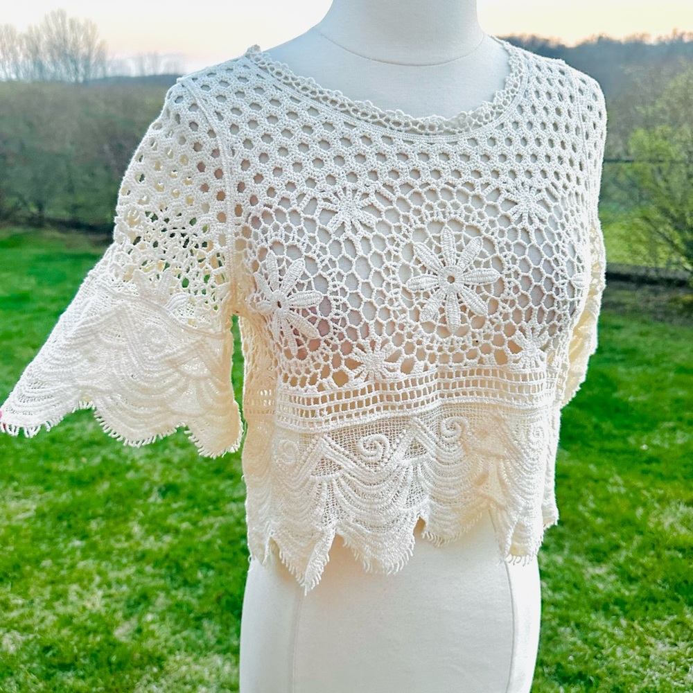 Rebellion Cream Lace Crochet Top Boho Festival Cottagecore Small - Picture 7 of 16